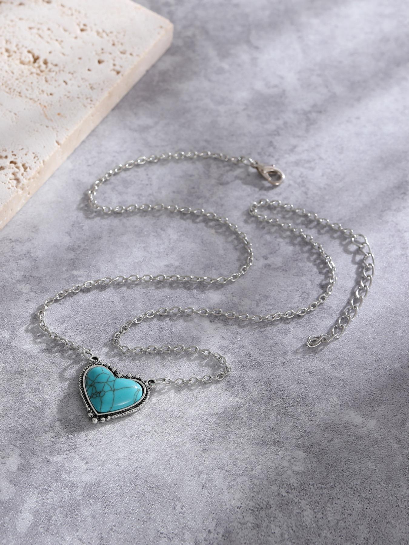 Boho Style Heart Shaped Turquoise Texture Pendant Necklace, Mother's Day Gift, Personality Jewelry for Party, Daily Clothing Decor, Trendy All-match & Exquisite Jewelry for Birthday Gift, Chains Necklace