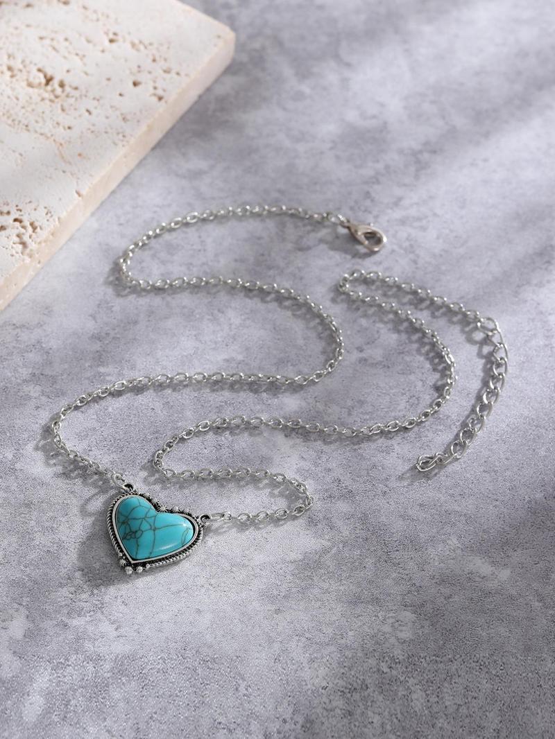 Boho Style Heart Shaped Turquoise Texture Pendant Necklace, Mother's Day Gift, Personality Jewelry for Party, Daily Clothing Decor, Trendy All-match & Exquisite Jewelry for Birthday Gift, Chains Necklace