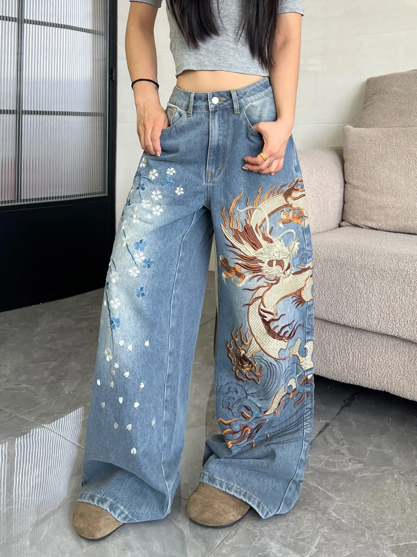 Women's Vintage Washed Dragon Cherry Blossom Embroidered High Waist Wide Leg Jeans, Y2K Street Fashion Loose Fit Long Pants