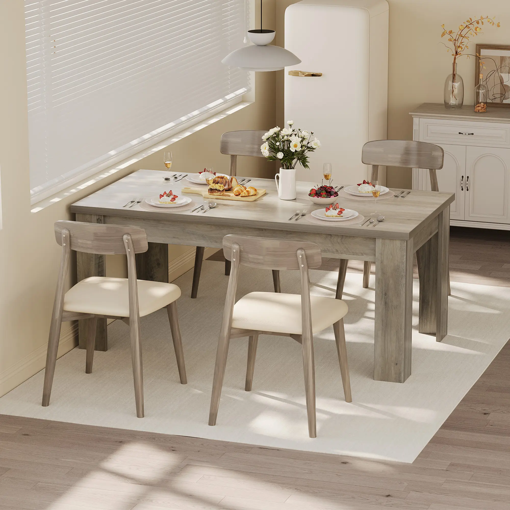 Heavy-Duty Farmhouse Dining Table for 4-6 – 63" Sturdy Wood Rectangular Kitchen Table with Extra Thick Top and Reinforced Legs – Rustic Style, Easy Assembly – 300 lbs Capacity Table only