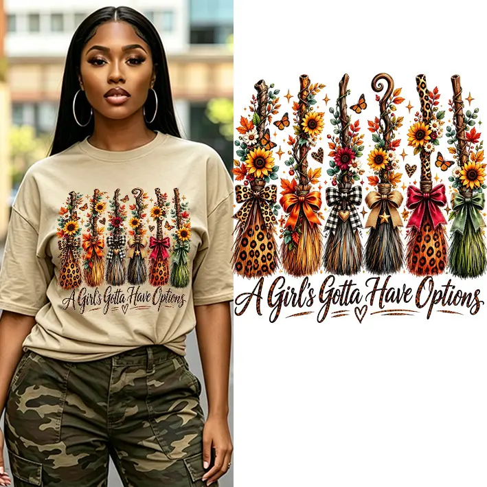 Girls Deserve Choices DTF Heat Transfer - Autumn Broom Halloween Vibe - Washable Iron‑On Stickers for T‑Shirts, Bags and Fabric Decorations