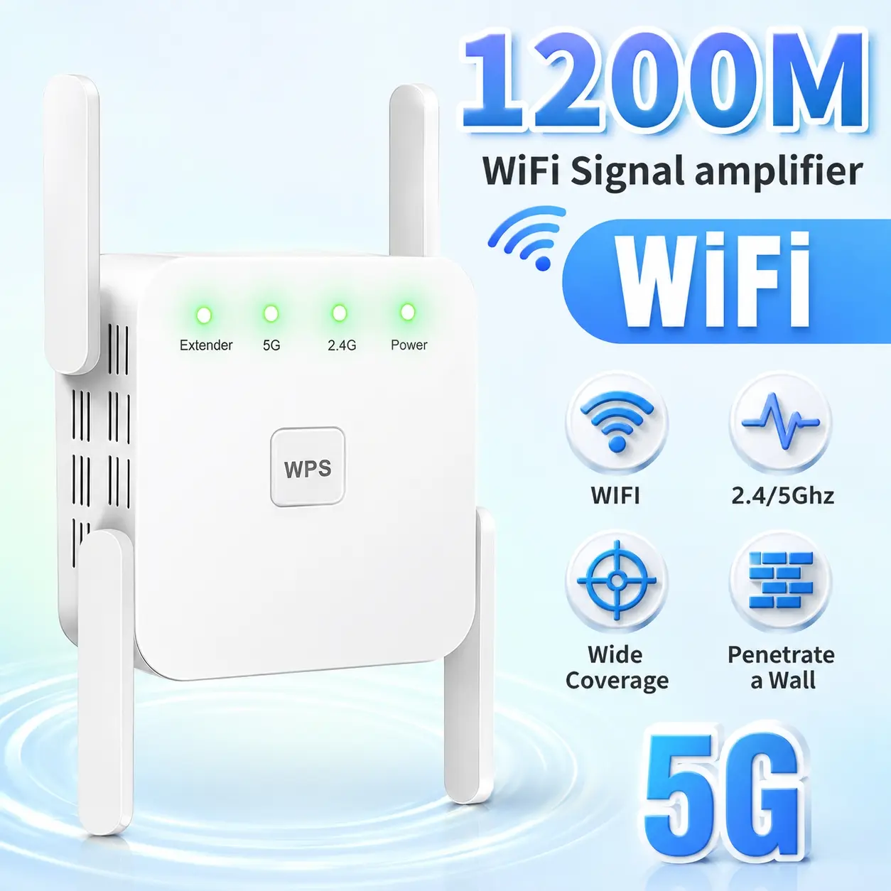 WiFi Signal Booster, AC1200 High Speed Wireless Range Extender supporting Repeater & AP switch, quick WPS pairing and stable wired connection, extends network for smart TV, gaming console and home office devices
