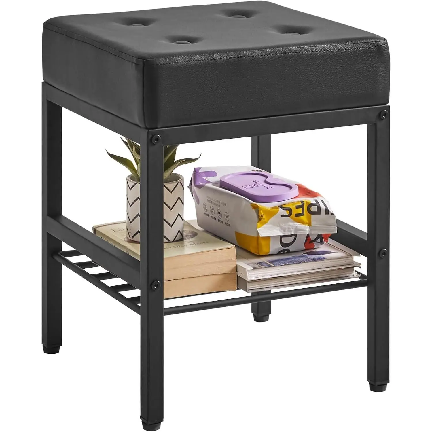 Square Makeup Stool, Footrest Chair, PU Vanity Seat, Black LG-60B Adjustable Feet Storage Space Multi-Use Small Side Table Ottoman Bedroom