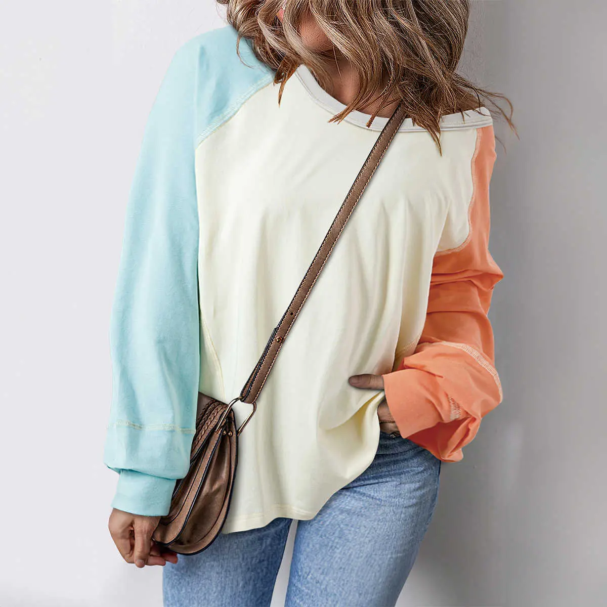 Women's Casual Comfy Loose Fit Longsleeves Crew Neck Top, Yellow-Cream Colorblock Patchwork Design