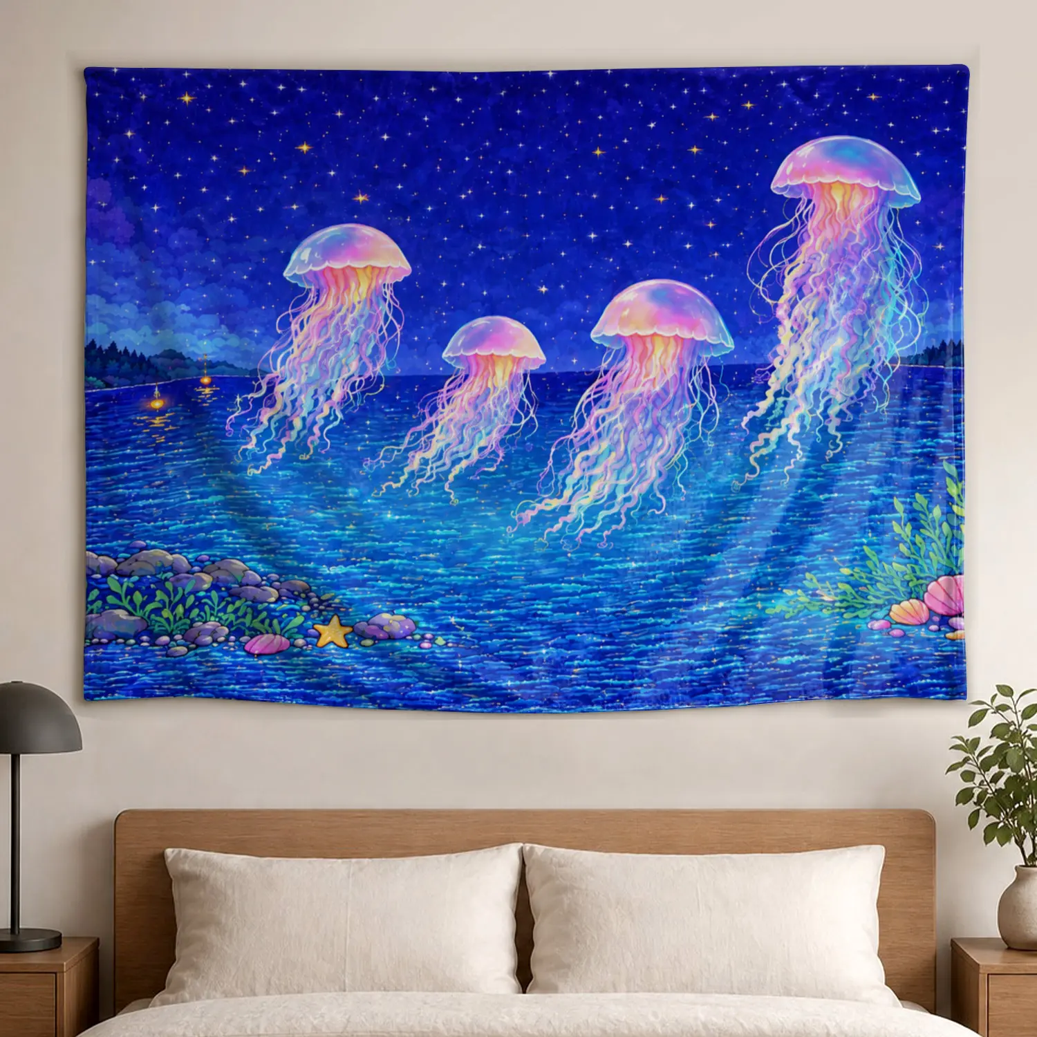 Neon Jellyfish Starry Ocean Wall Tapestry - Large Horizontal Polyester Printed Hanging, Colorfast Indoor/Outdoor Decoration, Living Room/Bedroom Wall Decor, No Installation Required, Family Gift Idea, Multi-Size