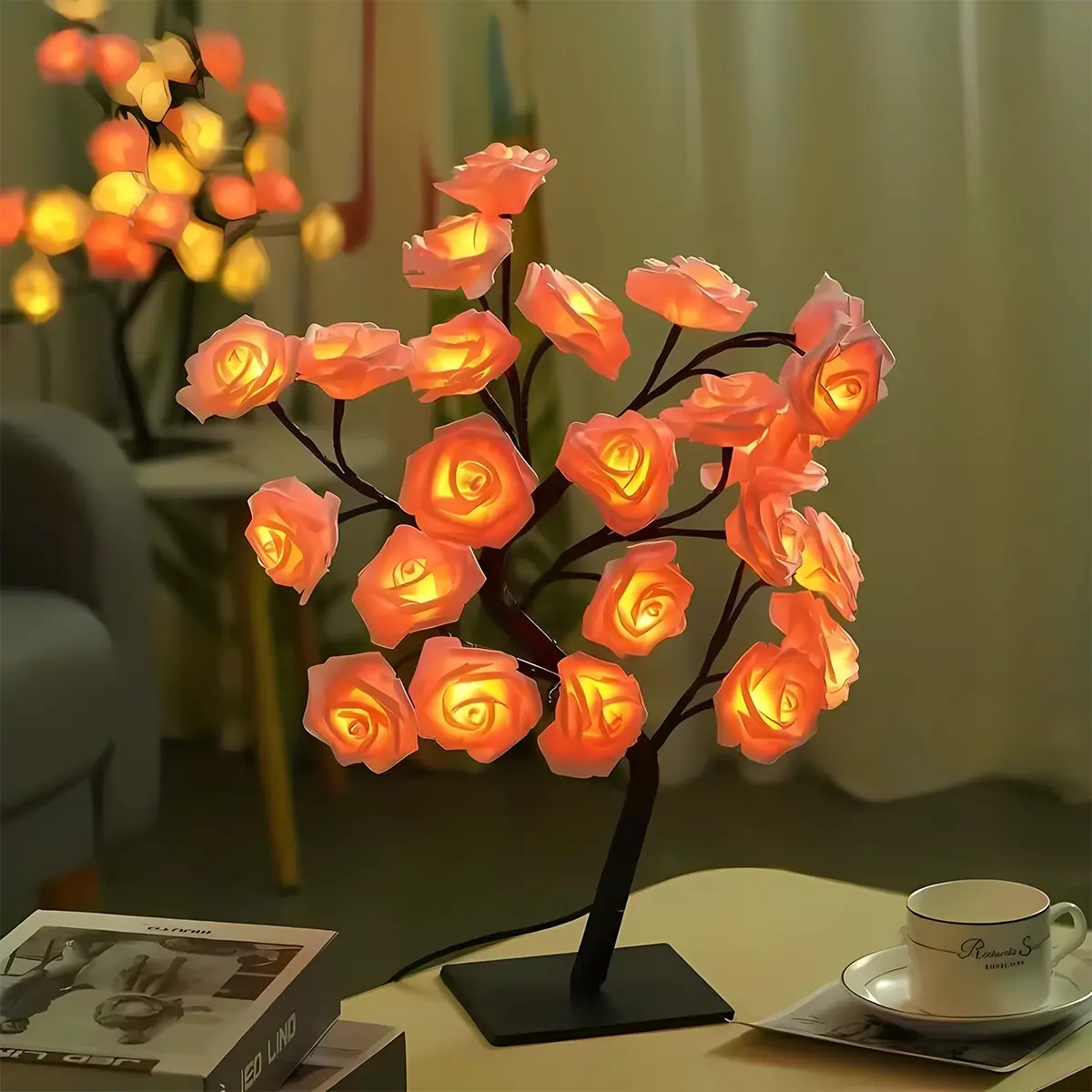 LED Simulation Rose Tree Night Light USB Powered, 24 LED Roses, Christmas Decoration, Bedroom Living Room Party Wedding