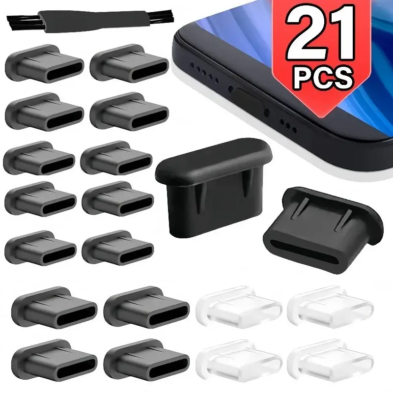 Silicone Dust Plug Set with Cleaning Brush, Durable USB-C Port Protector for iPhone, Samsung, Xiaomi, Huawei, 5/10/21 Pieces