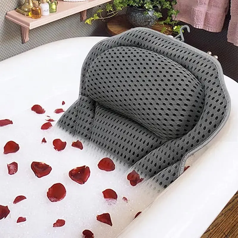 4D Grid Soft Bath Pillow & Mat Set - Non-slip Suction Cups Bathtub Neck Head Back Support Pillow, Comfortable Spa Pillow with Hook, Quick-Dry Machine Washable Bathroom Accessory, Water Absorbent Mat, Perfect Christmas Gift for Women Bath Tub Accessor