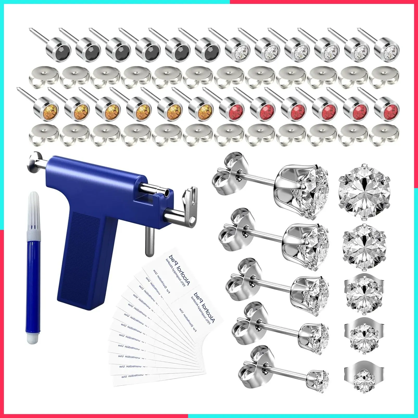 69-Piece Ear Piercing Kit with Reusable Ear Piercing Gun, Home Piercing Tool for Earlobe Cartilage Helix Tragus, Women Girls Teens (Silver)