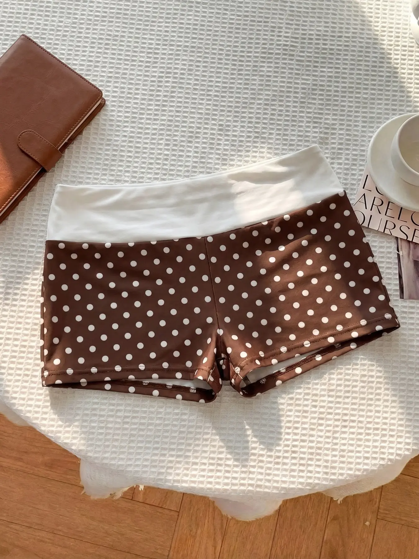 Polka Dot Low-Rise Shorts with Contrast Foldover Waist, Stretch Bodycon Silhouette, Skin-Friendly Fabric, American Y2K Baddie Style, Elastic Shorts Loungewear, Versatile Bottoms for Street, Loungewear & Gym Wear, Casual Fashion Shorts