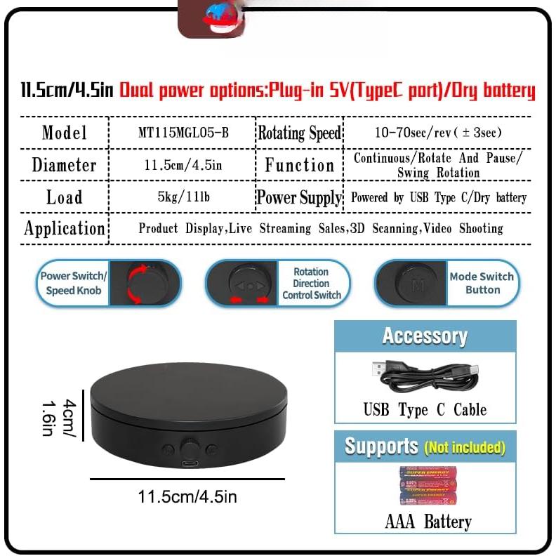 Rotating Display Stand with Type-C Power , Motorized Turntable Adjustable Speed and Direction for Photography, spinning Platform for Product  and Displaying (black, 4.53'')