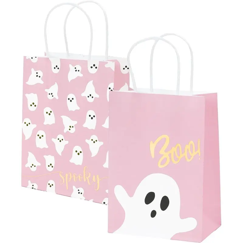 24PCS Halloween Ghost Goody Bags - Pink & Black Spooky Cute Treat Bags with Handles, Perfect for Kids' Halloween Parties, Birthday Favors, Trick-or-Treat & Candy Snacks
