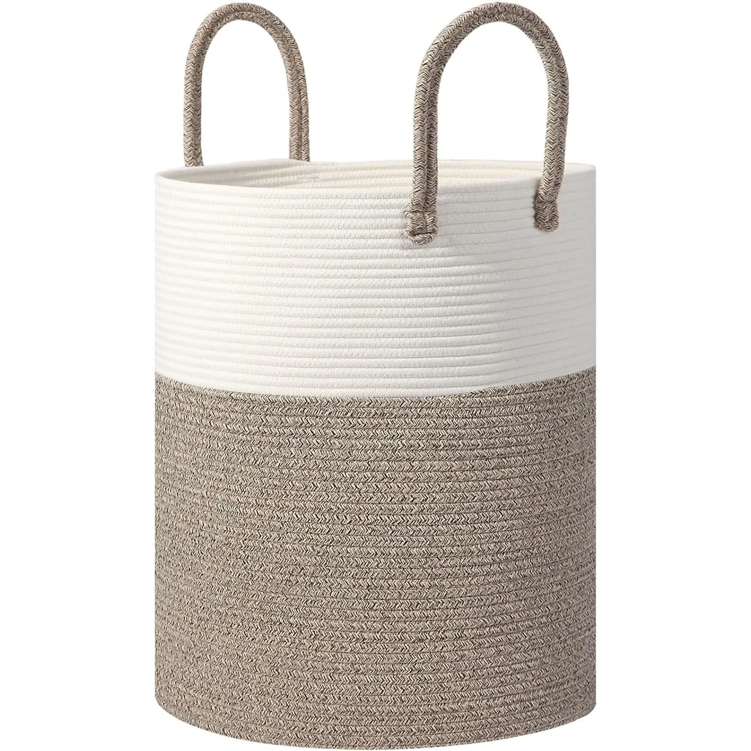 Large 60L Woven Cotton Rope Laundry Basket with Handles, Decorative Blanket Hamper for Living Room, Nursery, Bedroom & Bathroom, 15"D x 20"H, White/Brown(Gift)