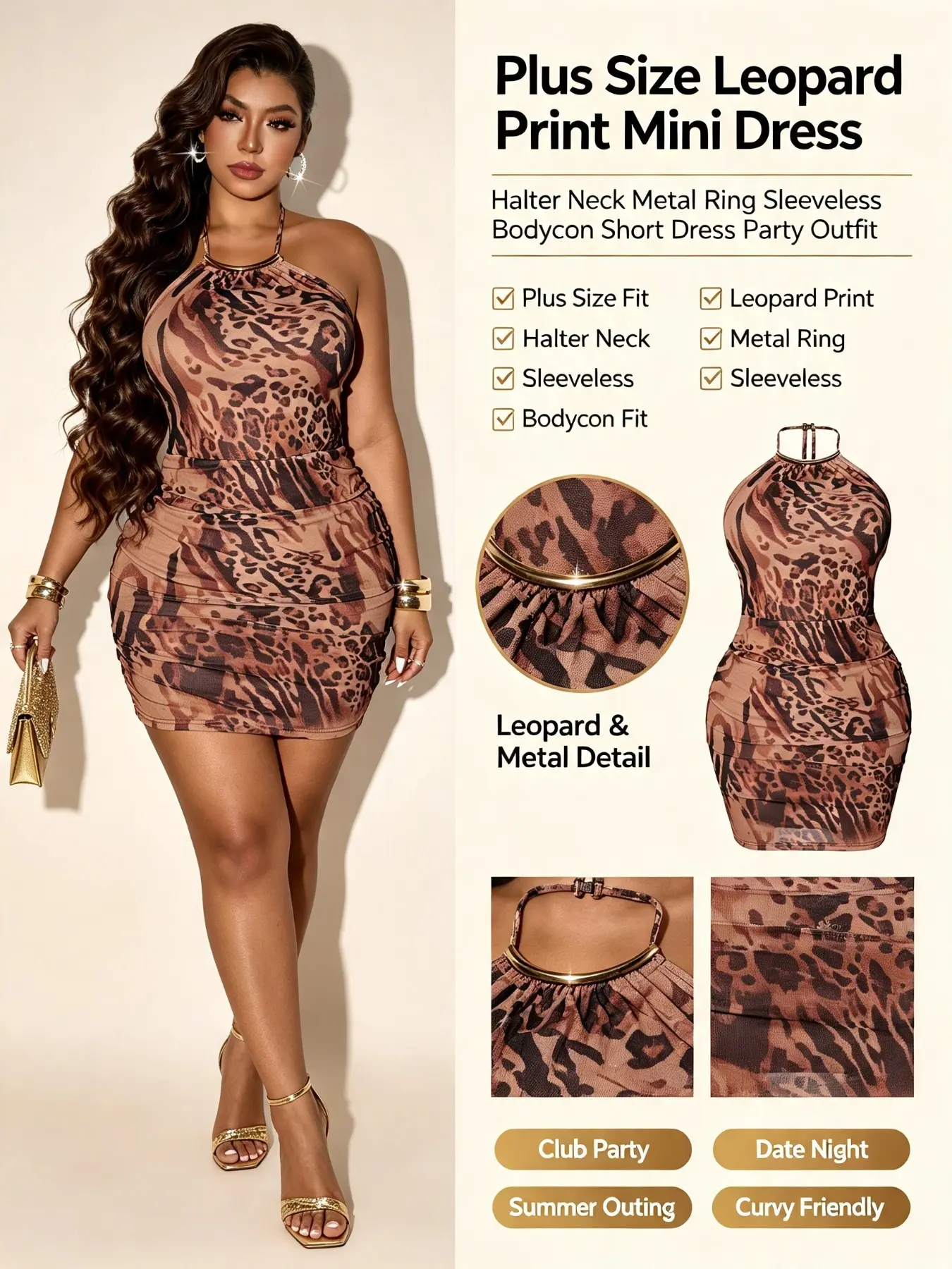 Plus Size Leopard Print Dress with Metal Ring Halter, Sleeveless Backless Ruched Bodycon Fit Short Dress, Sexy Formal Nightclub Party Dress
