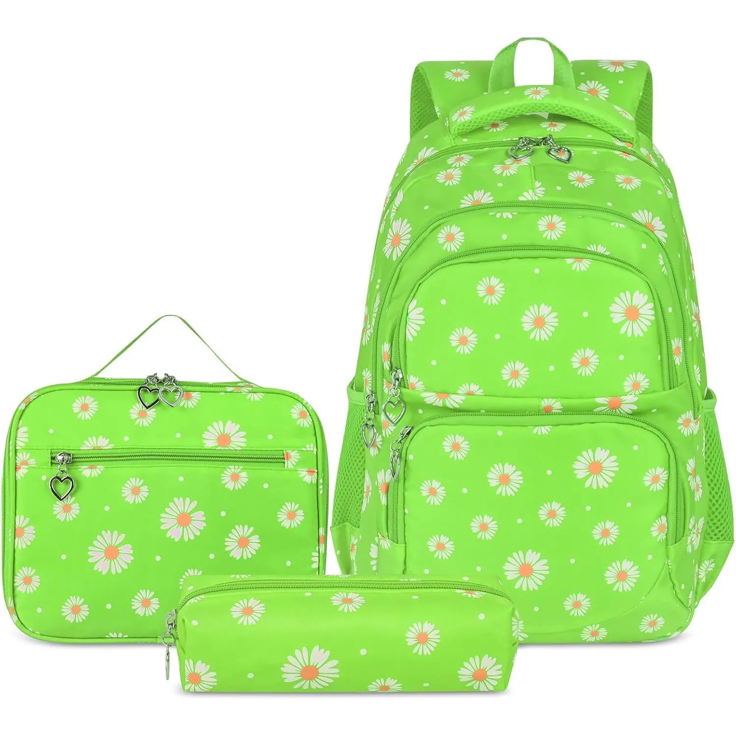 Girls' Adjustable Goldwheat Daisy Printed Synthetic Zippered 3-Piece Backpack Set - Lightweight, Water-Resistant Back to School Bookbag with Lunch Box, Pencil Case, School Supplies, Zipper