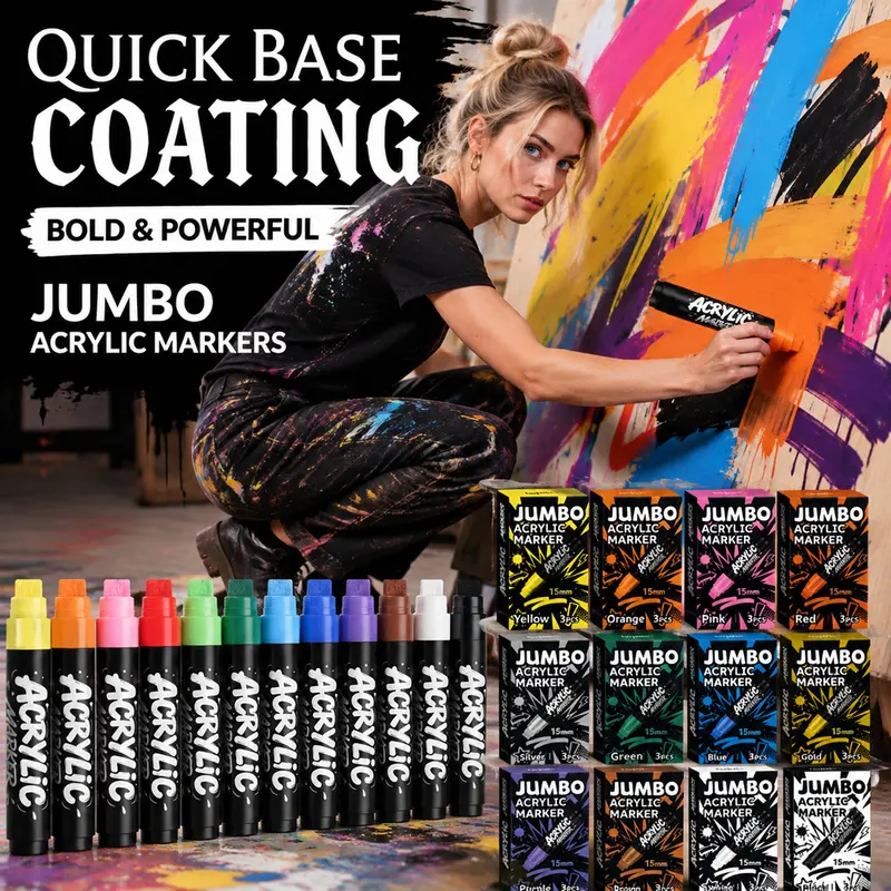 3/12 Colors Jumbo Acrylic Markers feature a 15mm wide tip for bold lines and fast coverage. Rich acrylic ink provides smooth flow, vibrant colors and excellent opacity. Quick-drying and ideal for posters, graffiti, wood, stone and canvas.