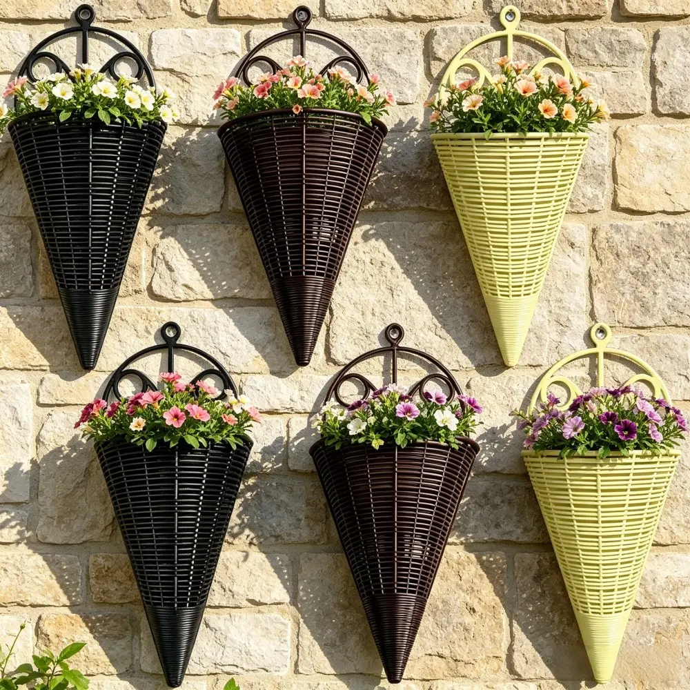 6pcs Black/Brown/Beige Wall Hanging Planter, Wall Planters For Outdoor Plants, Outdoor Planters For Porch, Cone Shaped Plastic Plant Baskets Container Hanging Planter Basket Rustic Farmhouse Flower Pots Wicker Wall Flower Basket