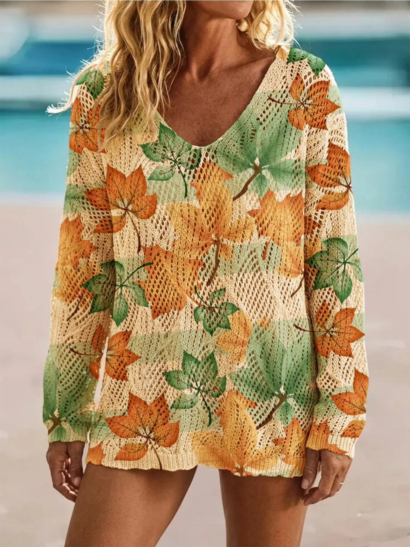 Women's Elegant Maple Leaf Print V-Neck Sweater, Casual Long Sleeve Knit Top, Breathable Fashion for Spring Summer Fall, Hollow Out Design