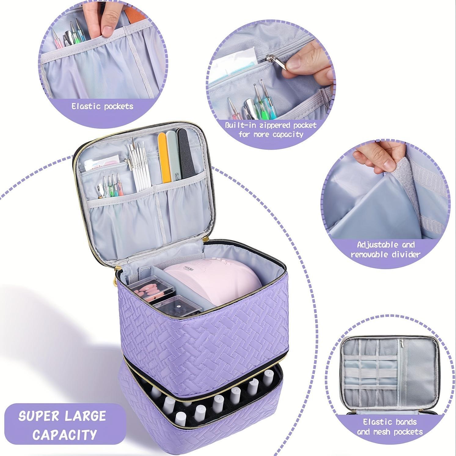 Double Layer Nail Polish Organizer Makeup Box, Portable Large Capacity Travel Case, Zipper, Durable and Lightweight