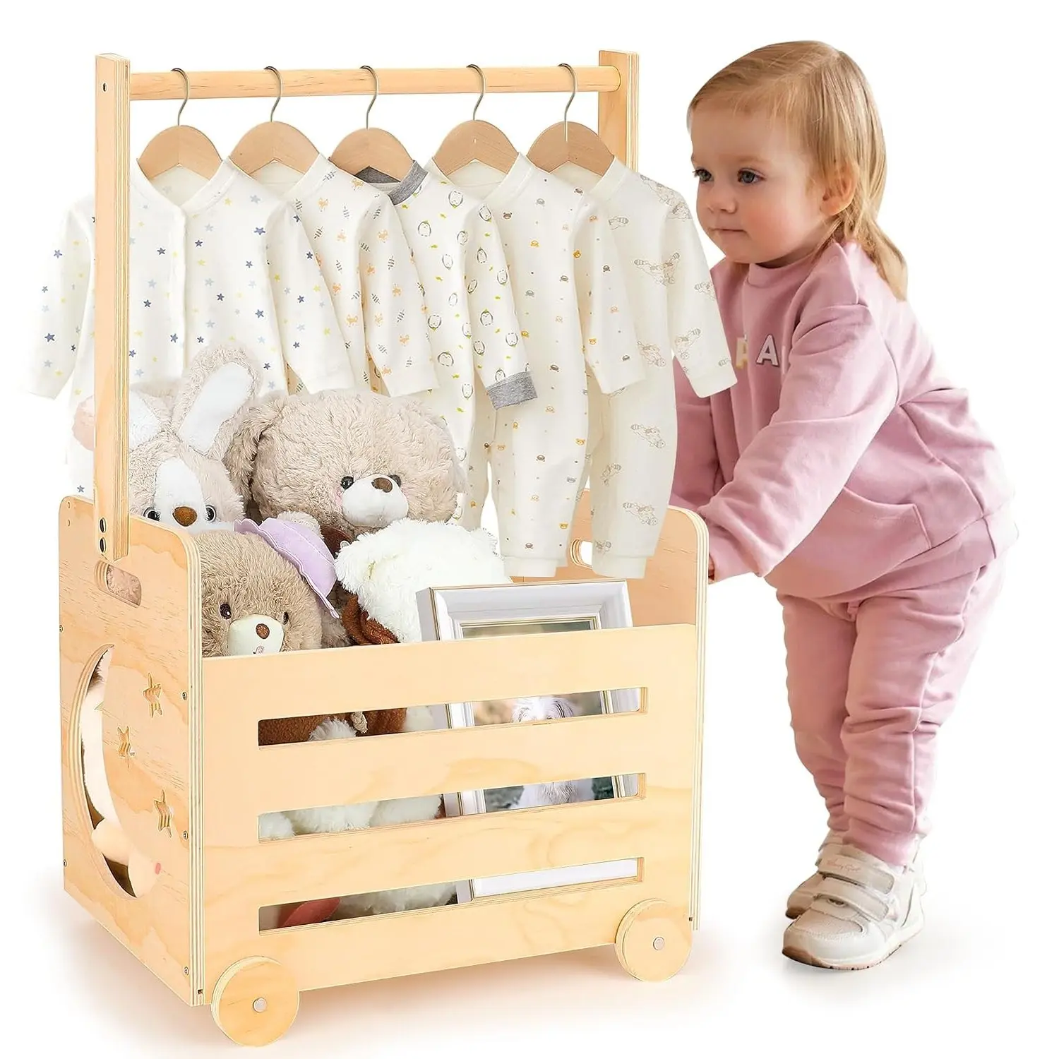Wooden Baby Shower Crate Closet with Wheels, Pushable Gift Basket Storage, Rolling High Handle, Personalized Baby Shower Gift Basket for Newborn Boy Girl, Nursery Organizer, 28x13.6x9"Gift