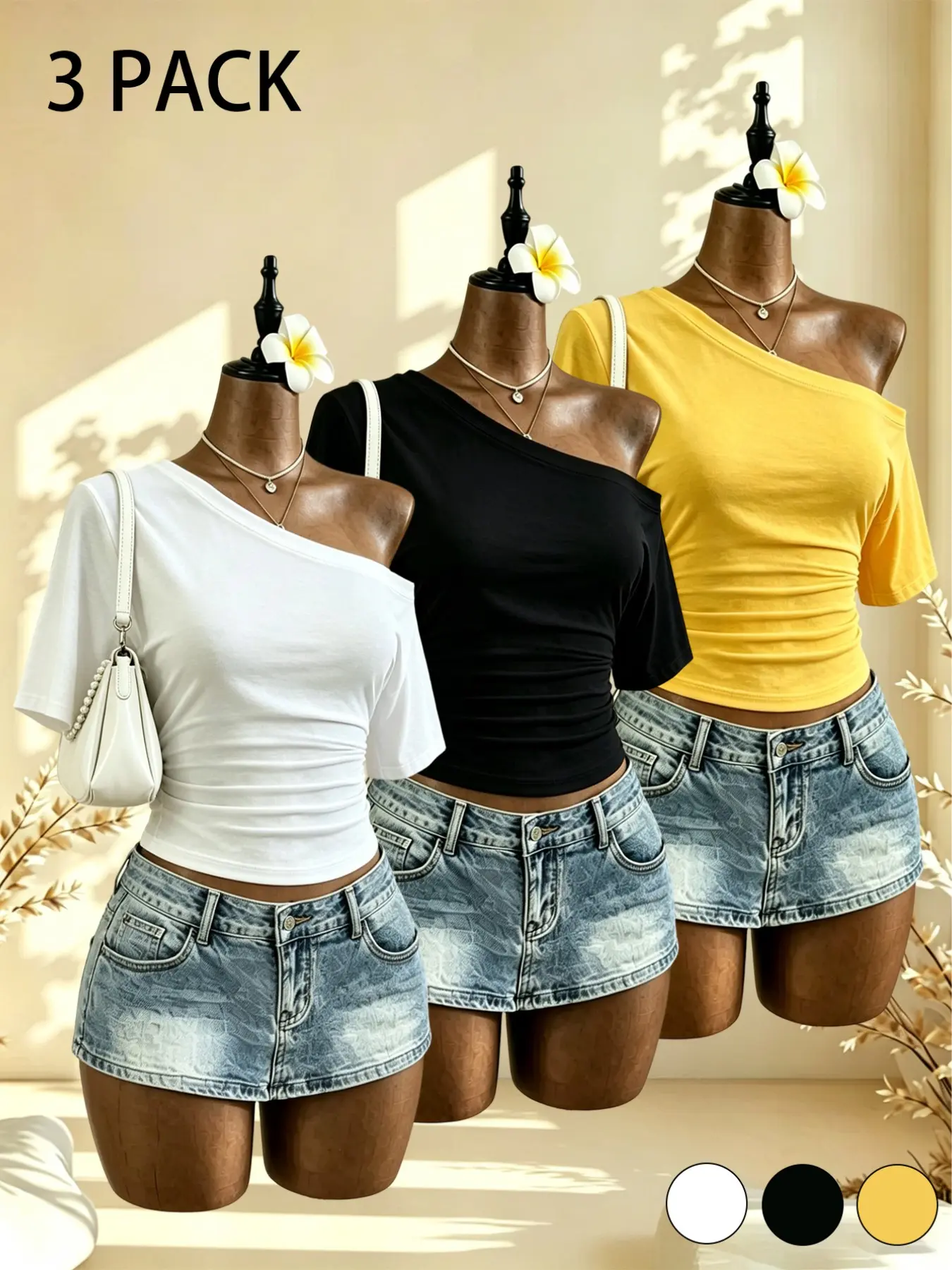 Three-Pack Women's Plain Off-Shoulder Short Sleeve T-Shirts, Basic Casual Summer Tops, Youthful Daily Wear, Outdoor Fashion, Multiple Colors Available