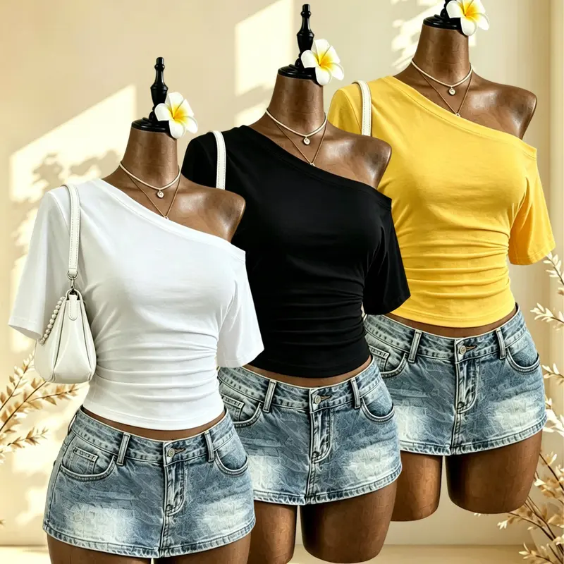 Three-Pack Women's Plain Asymmetrical Neckline Short Sleeve T-Shirts, Basic Casual Fashion Summer Tops for Daily Wear & Outdoor Activities, Youthful Tops, Multiple Colors Available