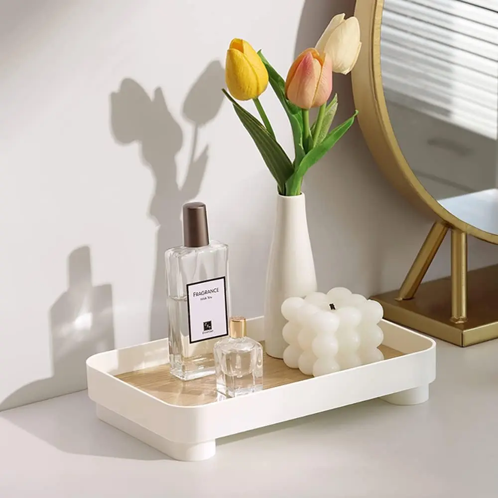 Bathroom Trays, White  Tray, Countertop Tray Makeup Organizers Tray, Skincare Organzing Tray for for Perfume,, Bathroom, Kitchen (White -Rectangle -1pcs)