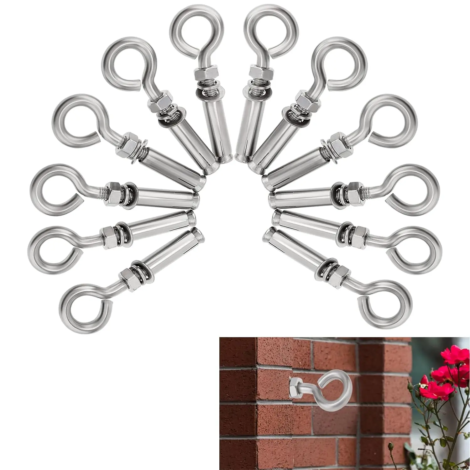 Concrete Eye Bolts 12Pcs, M6 Eyebolt Bolts Stainless Steel Concrete Anchor Eyebolt Screw Hooks, Heavy Duty Brick Anchors Eyebolts Expansion Screw Lifting Ring Bolt Fastener 1/4inch  Concrate Wall