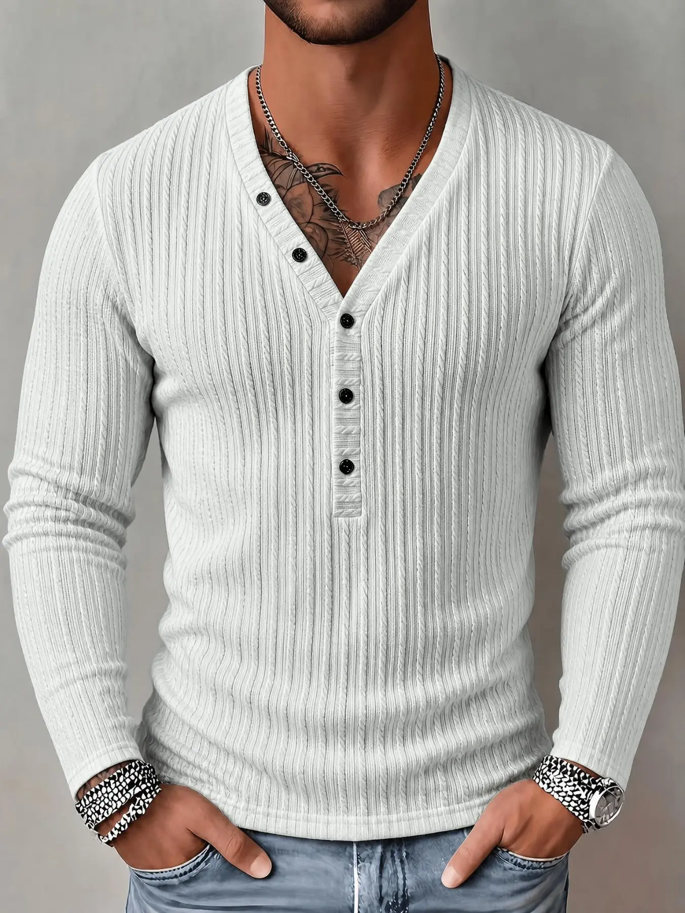 Men's Fall Winter Knitwear, V Neck Long Sleeve Ribbed, Button Front, Plain Pattern, Casual Style, High-End Fashion, Versatile Top