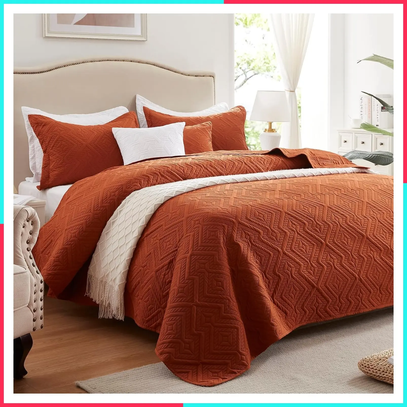Full/Queen 3-Piece Quilt Set, Lightweight Burnt Orange/Rust Bedspread 90"x98", Soft Microfiber Summer Quilt, Luxurious Warm Coverlet Set for All Seasons (Includes 1 Quilt, 2 Shams)