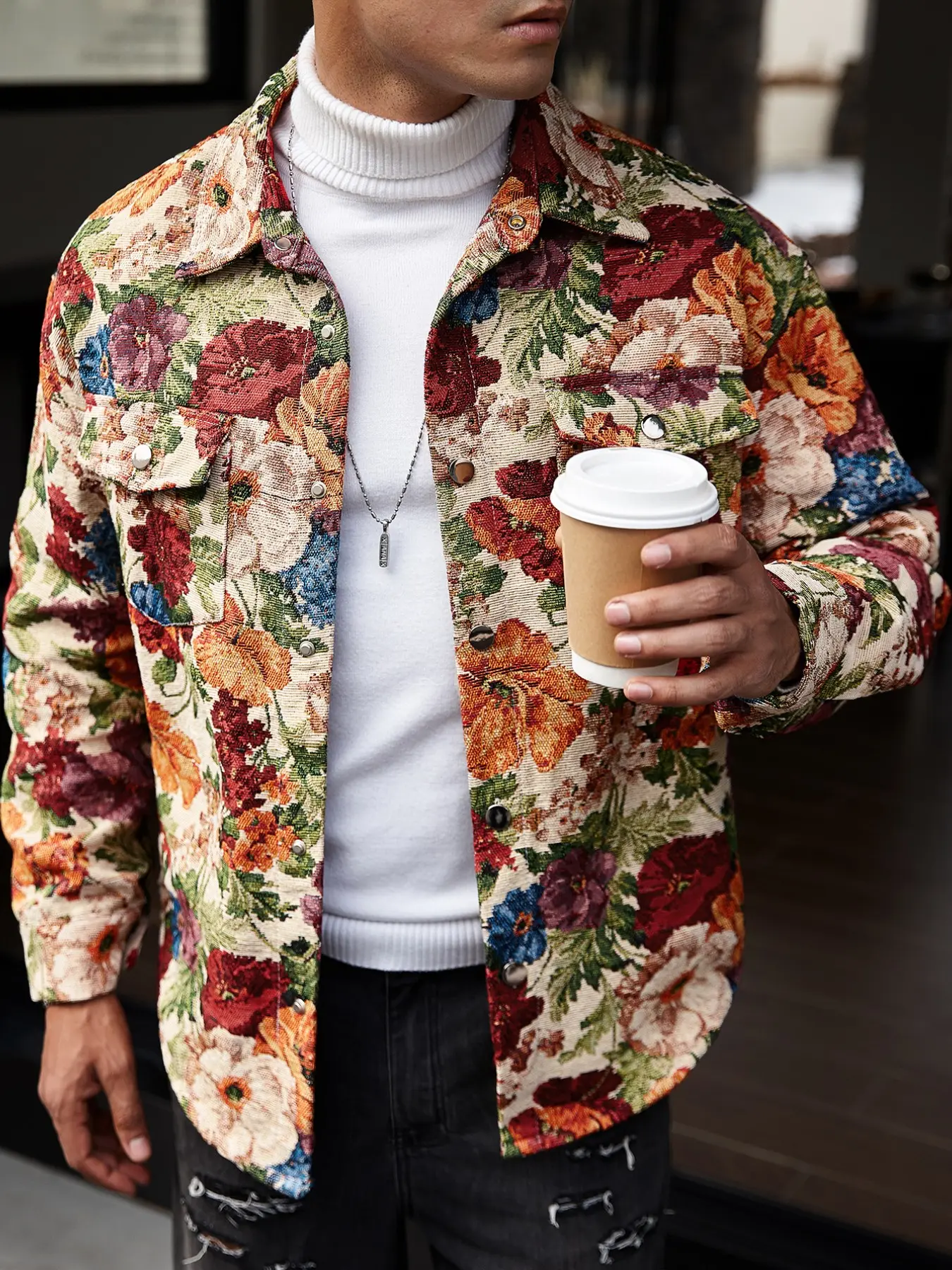 2026 New Arrival Men Retro, Casual Printed, Floral Tapestry Jacquard Shirt Jacket Oil Painting Flower Print Point Lapel Dual Chest Pocket Button Down Long Sleeve Loose Fit Work Coat Streetwear Outerwear Two Color Options Spring Fall Daily Club Outfit