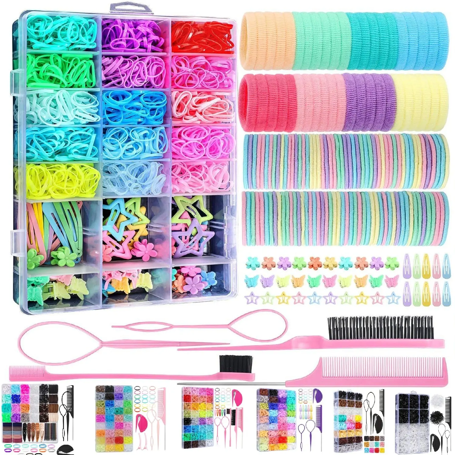 Colorful Hair Ties Set for Girls, Includes Hair Bows, Combs, and Hair Loop Styling Tool, Complete Hair Accessories Kit