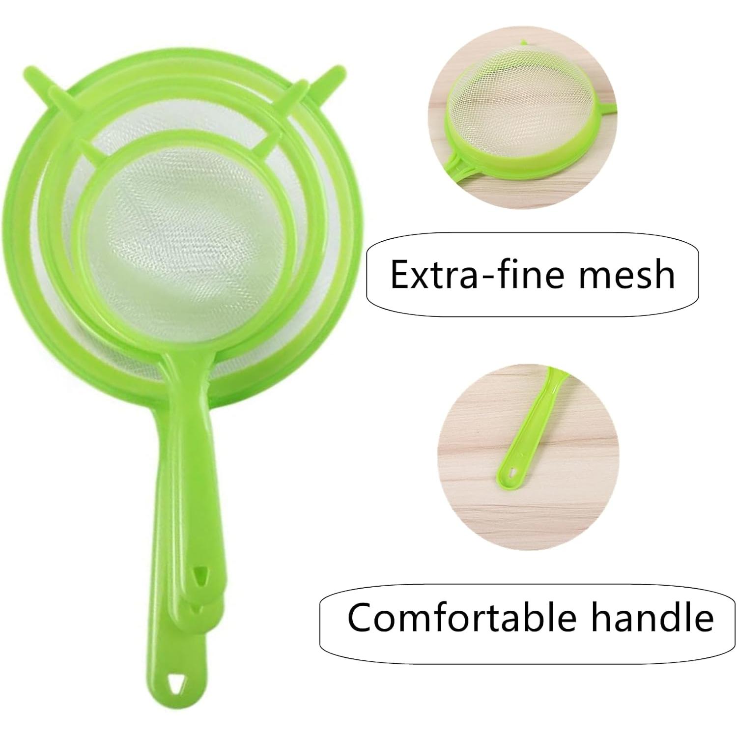 3 Packs Fine Mesh Strainers Plastic Colander Sieve Sifters  Coffee Filter with Long Handle Kitchen Tools for Kitchen Rice Juice Quinoa  Flour Baking, Green