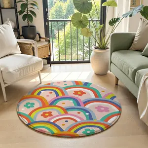 Cute Rainbow & Flower Round Rug, Boho Hand-Drawn Non-Slip Washable Area Rug for Kids Room, Bedroom, Living Room, Nursery Floor Mat