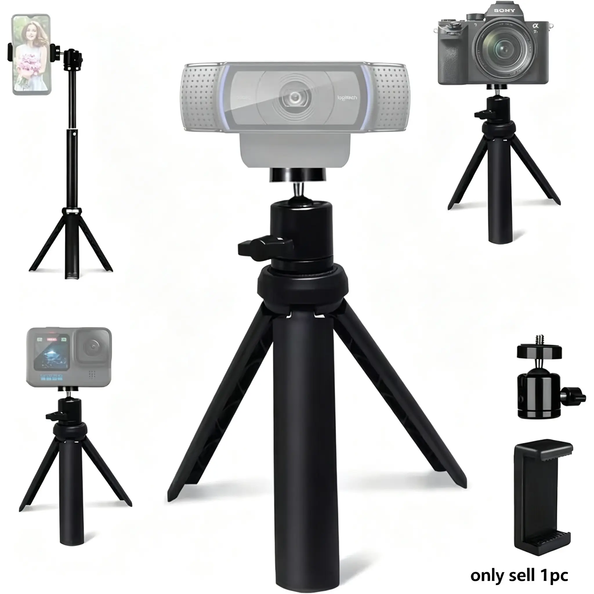 Universal Mini Tripod Stand with 360° Ball Head and Phone Clip, Adjustable Desktop Mount for Smartphones, Webcams, Dslr, Action Cameras, Compact Selfie Stand