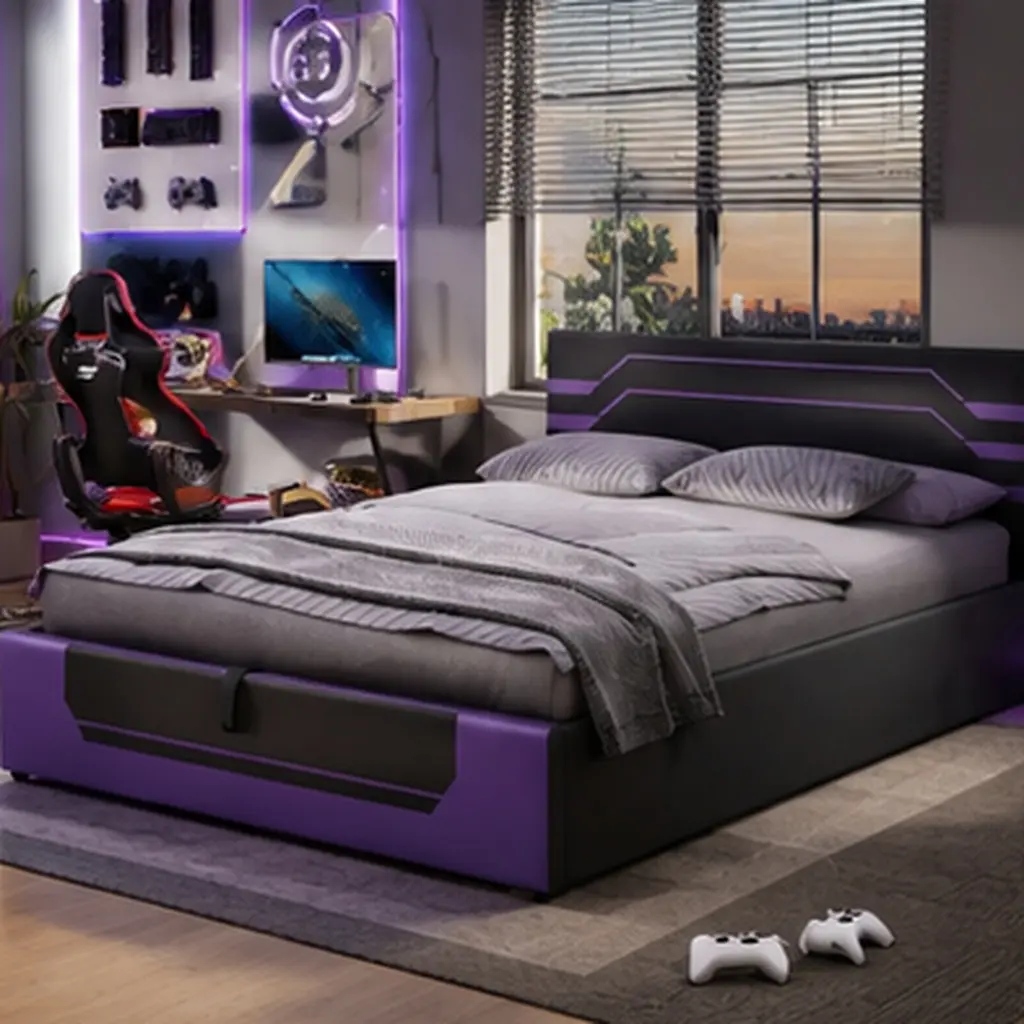 ARCH Durable Queen Size Hydraulic Lift Storage Gaming Bed Frame - Upholstered Platform Bed with Padded Headboard, Cyberpunk Esports Print Design, Purple+Black, 109.25 lb, 84.80w x 62.60d x 34.80h in, No Box Spring Needed, Easy Assembly, for Gamers