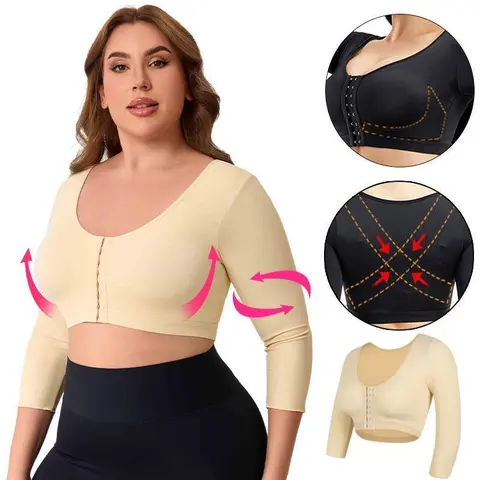 Women's Compression Arm Shaper for Post-Breast Surgery, Check Body Contouring Crop Top with Front Closure, Push-Up Bra & Short Sleeves
