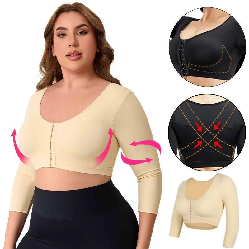 Women's Compression Arm Shaper for Post-Breast Surgery, Check Body Contouring Crop Top with Front Closure, Push-Up Bra & Short Sleeves