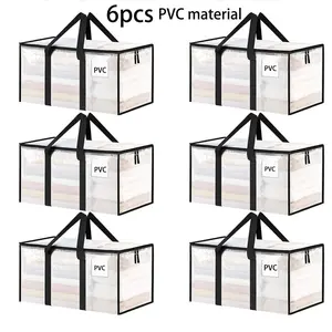 6pcs Large Capacity Transparent Thick Plastic Folding Storage Bags with Hinged Lid, Durable for Home, Camping, Travel, Garage, Dorm, Moving
