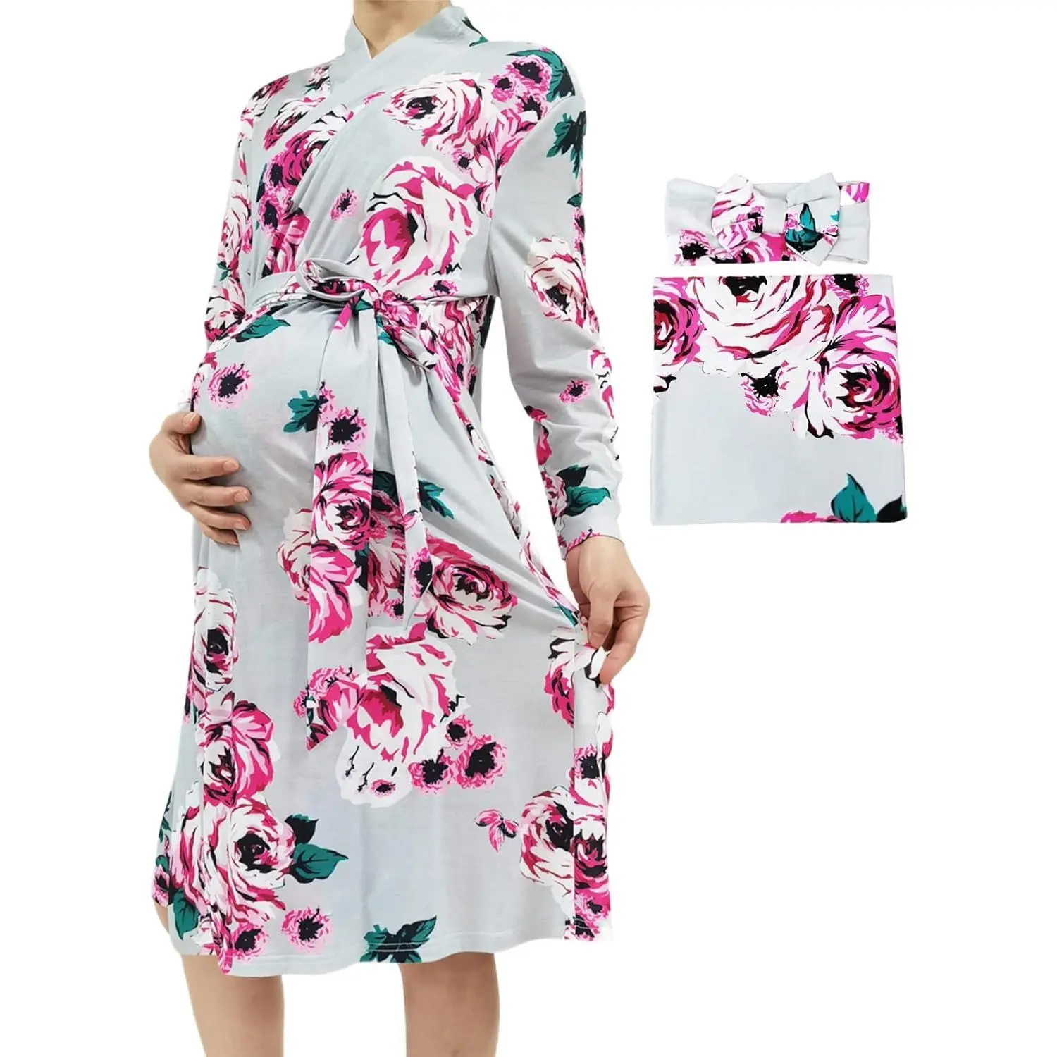 Maternity Robe and Matching Baby Swaddle Blanket Set, Soft Mommy Hospital Robe with Newborn Receiving Blanket, Labor & Delivery Nursing Sleepwear Set for Mom and Baby Essentials