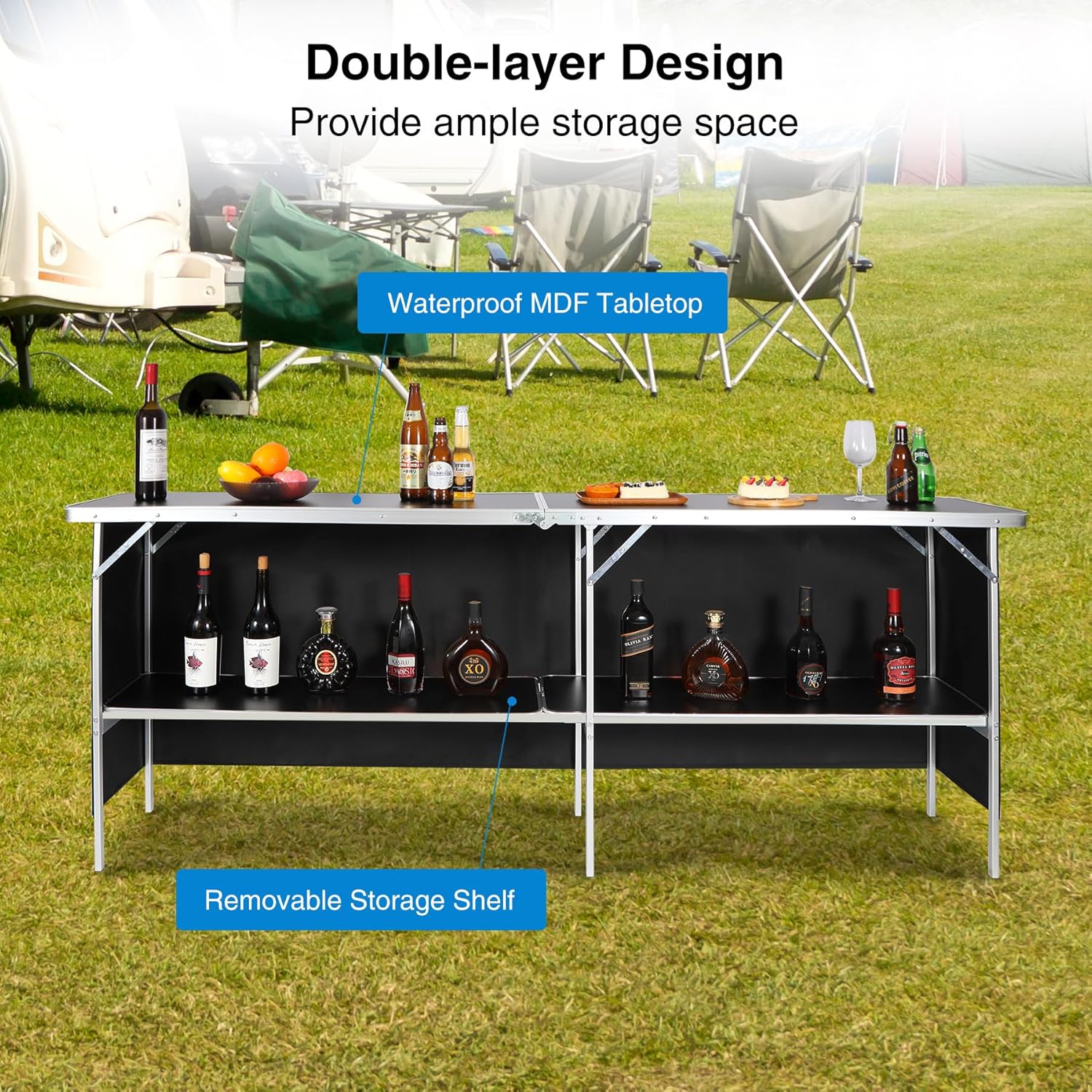 Portable Bar Table, Pop Up Folding Mobile Bar Bartender Table with Carry Bag for Events, Party, Camping, Tradeshow, Exhibition, Easy Setup, Black, 82"x33"x15" Portable Bar Table, Pop Up Folding Mobile Bar Bartender Table with Carry Bag for Events, Party, Camping, Tradeshow, Exhibition, Easy Setup, Black, 82"x33"x15"