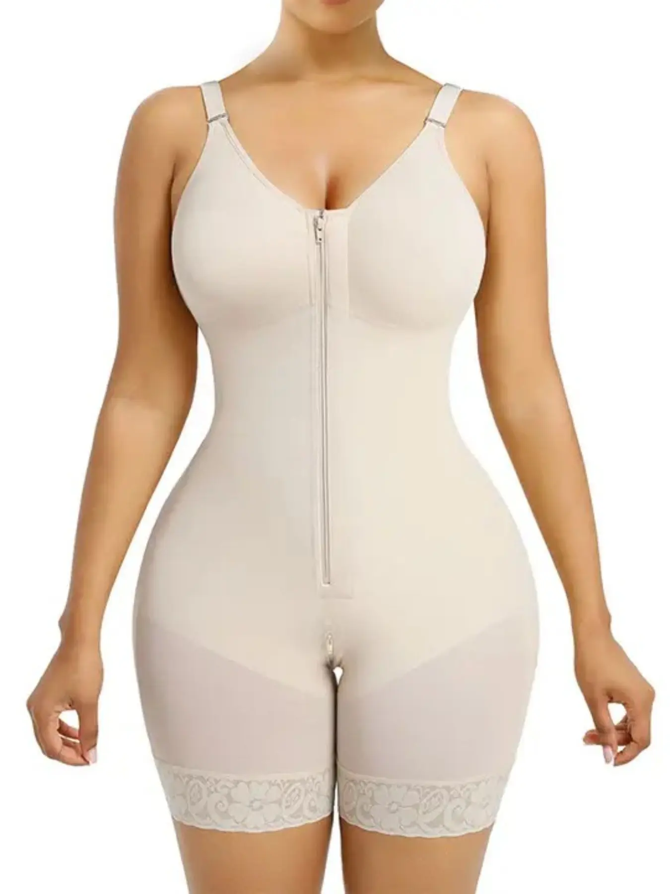 Women's Fajas Colombianas Compression Shapewear Tummy Control Butt Lifter Shaper with Zipper Crotch detachable Adjustable shoulder strap