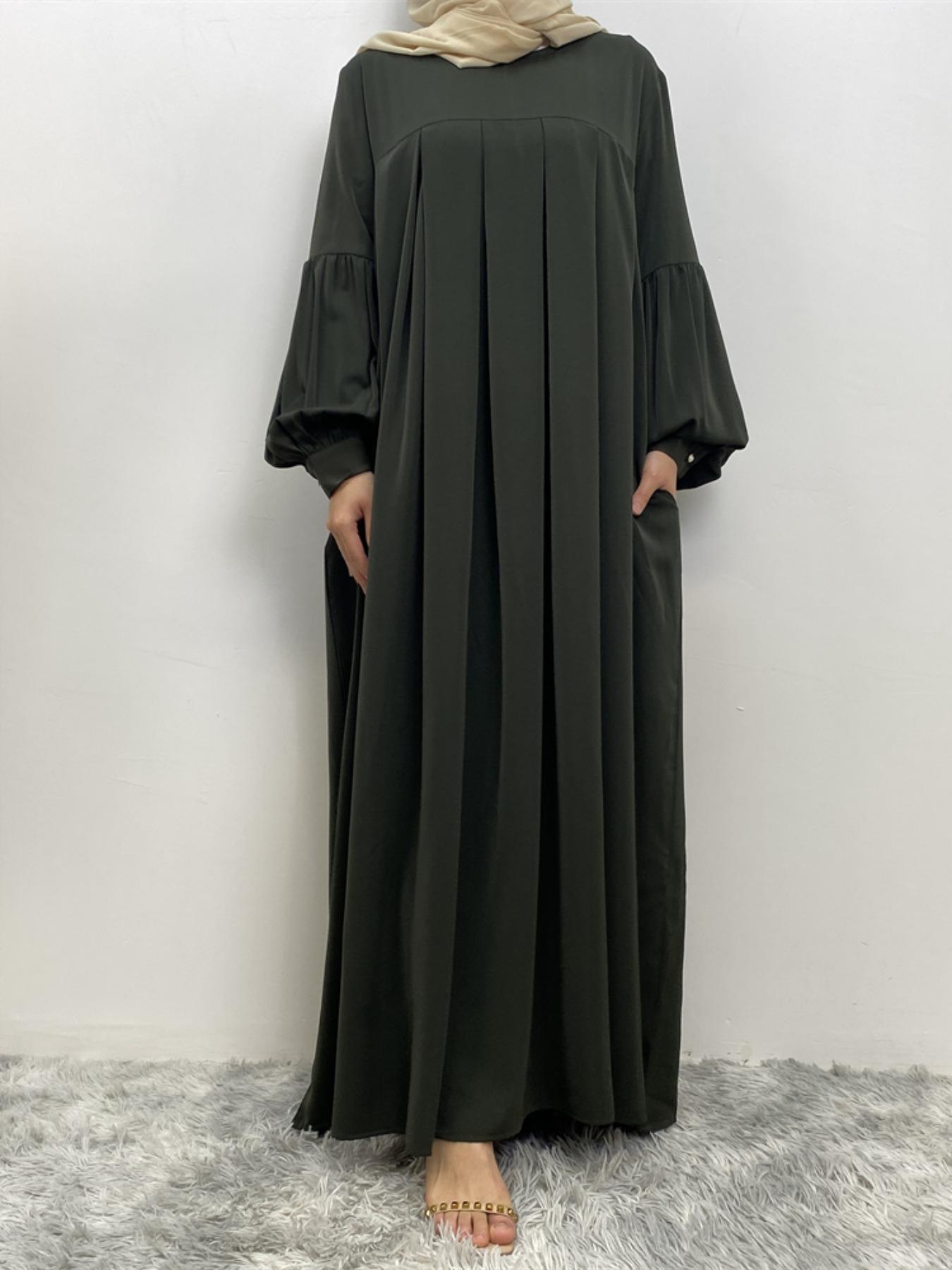 Women's Solid Lantern Sleeve Arabian Dress Without Hijab, Casual Long Sleeve Pleated Dress, Ladies Spring & Fall Clothes For Daily Wear, Summer Outfits 2024, Muslim Women Gowns