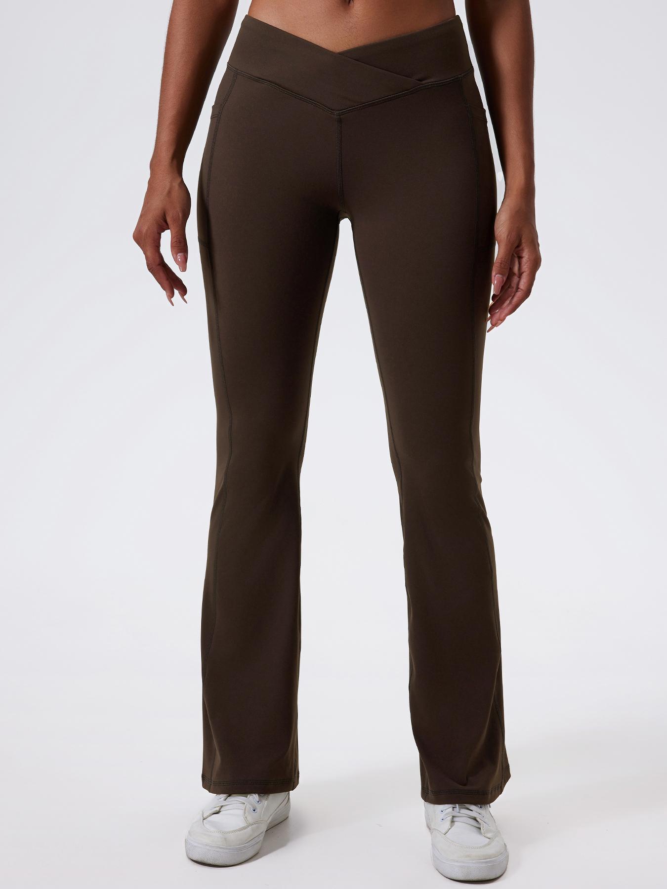 Women's Solid High Waist Flare Leg Sports Leggings, Sporty Overlap Waist Pocket Skinny Pants for Yoga Gym Workout Running, Ladies Sportswear for All Seasons, Flared Yoga Pants, Flared Yoga Bottoms, High Waisted Leggings