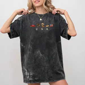 USA Icons Graphic T-shirt Vintage Women Patriotic Independence Day Tee Clothes for Women