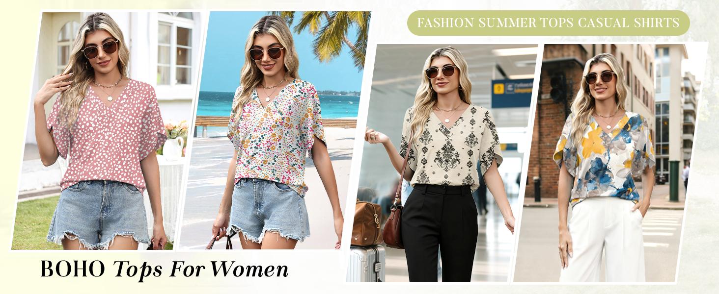 WIHOLL FASHION Womens Summer Tops Short Petal Sleeve Shirts Fashion V Neck Outfits Clothes