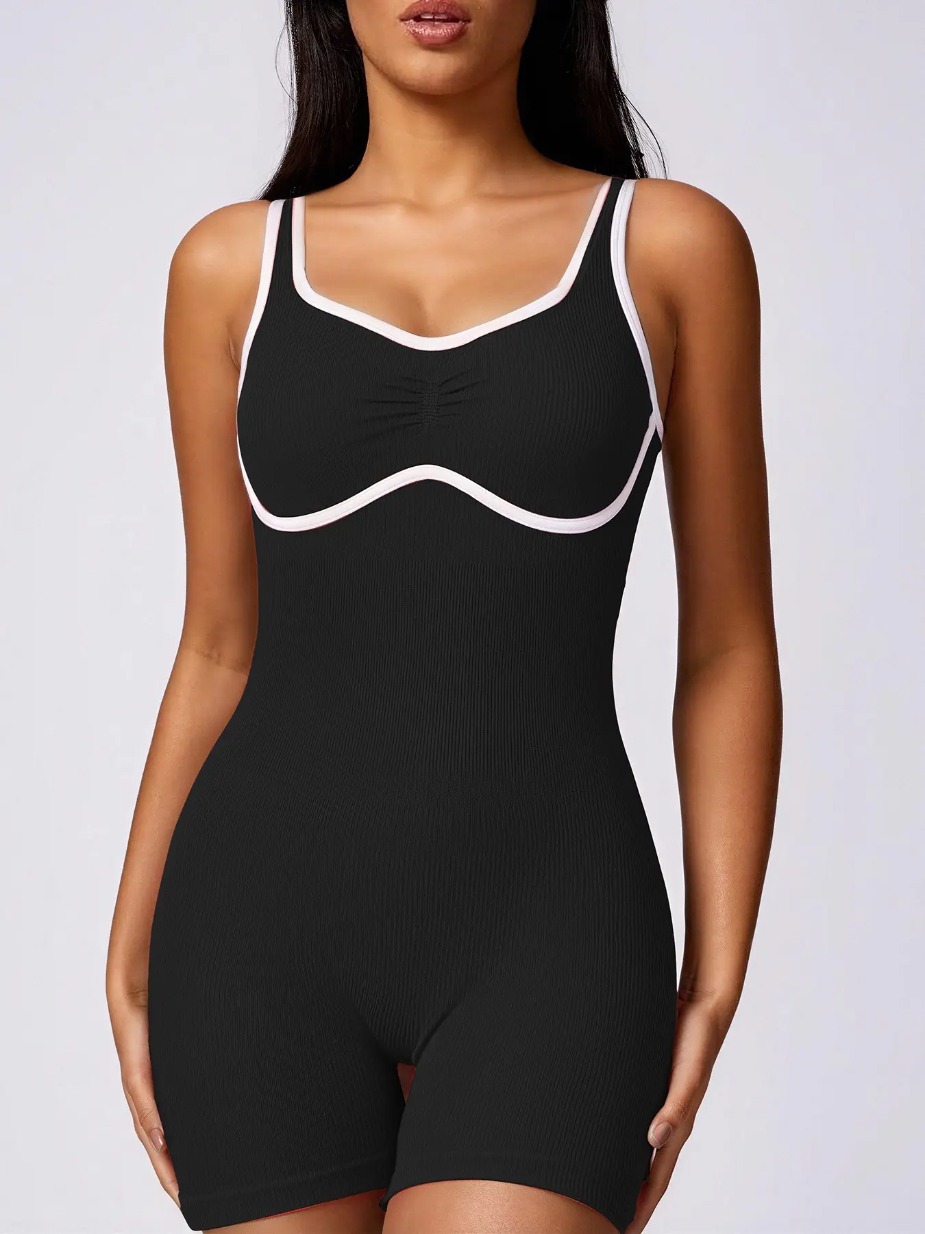 Versatile Multi Occasion Athleisure One Piece Romper, Women Ribbed Contrast Trim Tank Bodysuit Biker Shorts, Tummy Control Slim Fit Summer Workout Active Wear for Gym Yoga Daily Street Home, Multiple Colors S-L