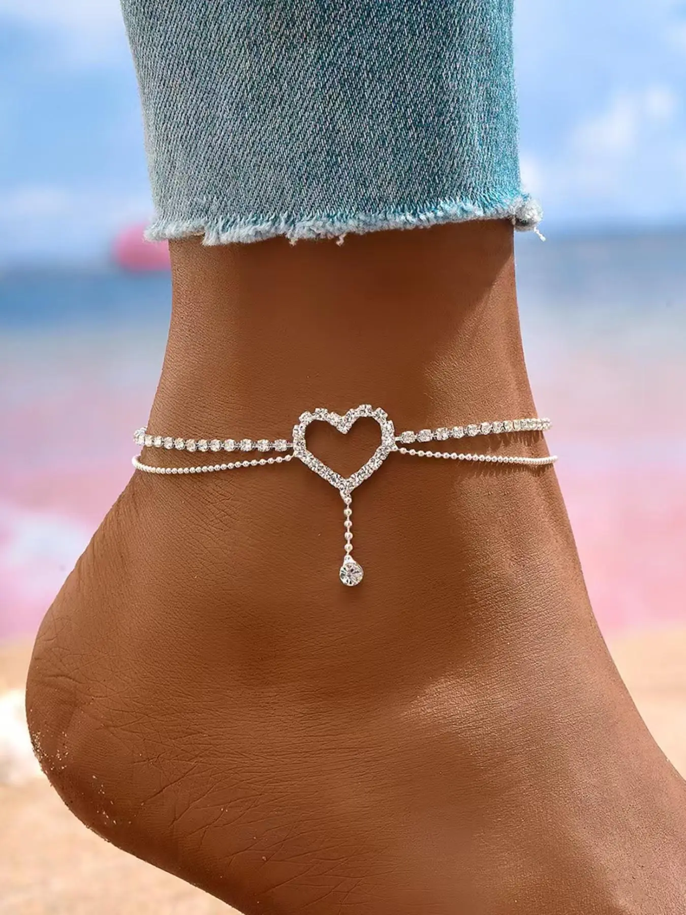 Elegant Heart Design Anklet, Rhinestone Layered Foot Jewelry, Fashionable Accessory for Women & Girls, Perfect Birthday Gift