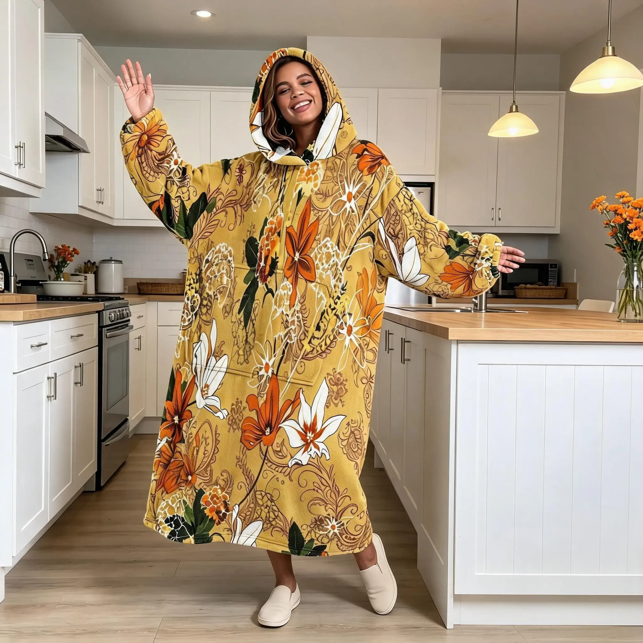 Flannel Hooded Wearable Blanket, Couples' Long Sleeve Pashmina, Large Pocket, Perfect for Reading & Gifts