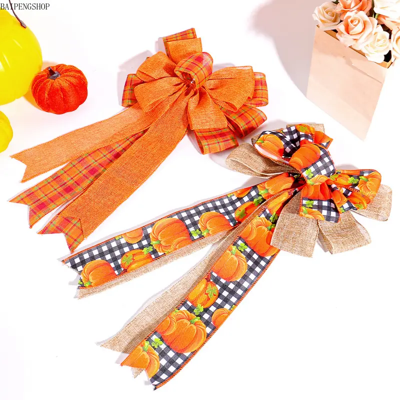Pre-Lit Fall Buffalo Plaid Burlap Bow with 40 LED Lights, 18 Inch Orange Checkered Wreath Bow Decor, Versatile Tree Topper & Front Door Ornament, Waterproof Indoor Outdoor Thanksgiving Autumn Home Decoration